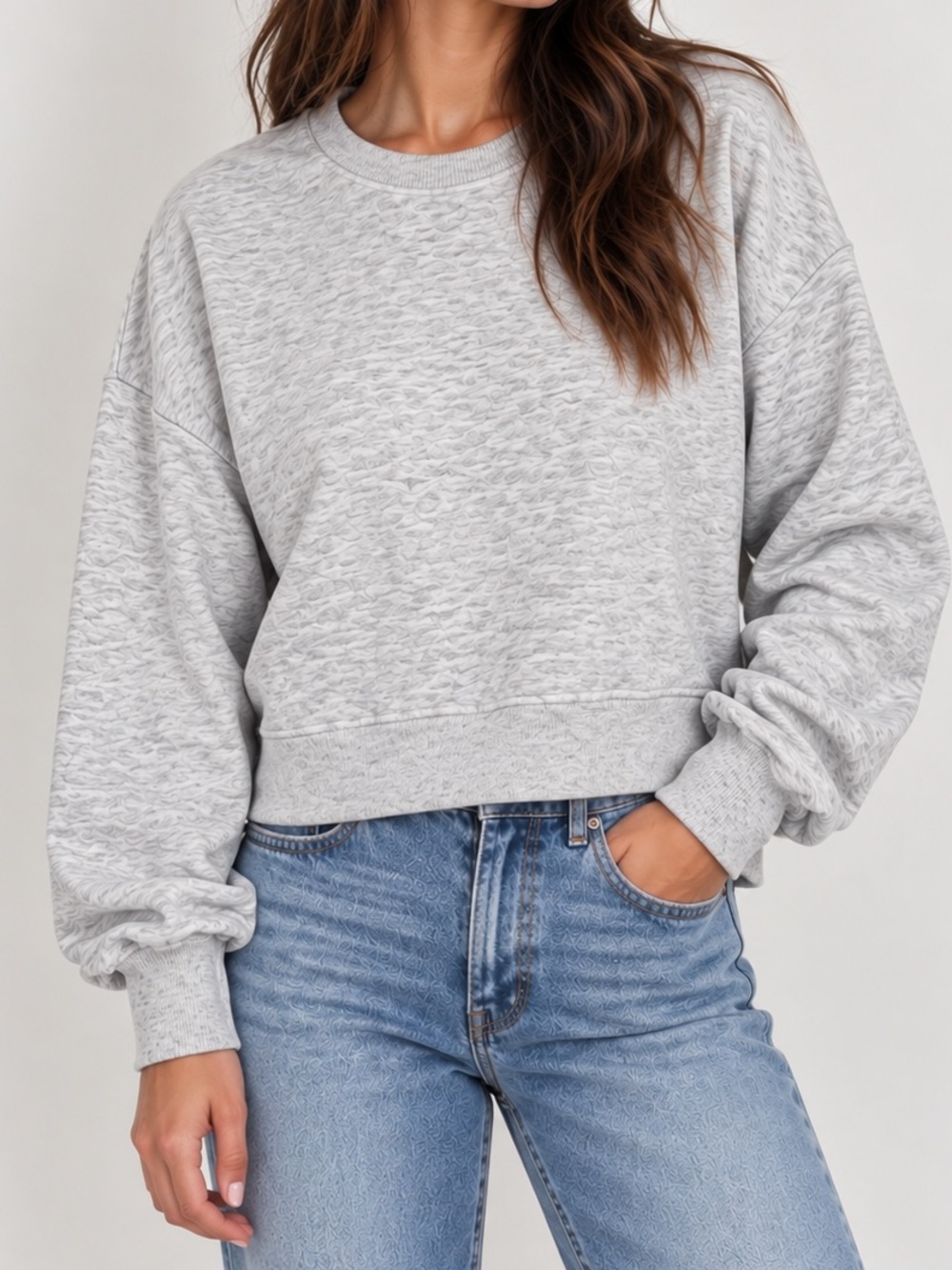 H&M Cropped Pullover Crewneck Sweatshirt Lightweight Heather Grey Cotton Large